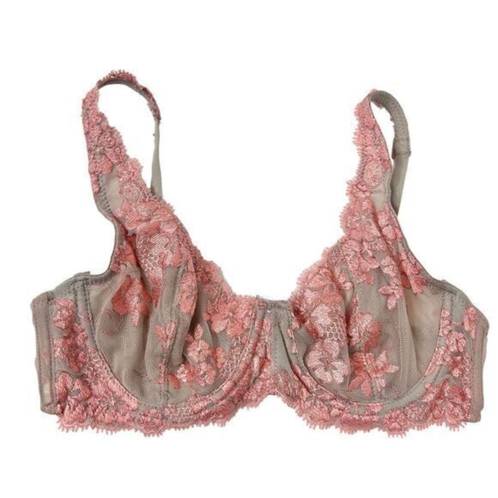Lace Underwire Bra Brown Pink Floral Mesh Sheer Unlined 34C Feminine Pretty 34 C
